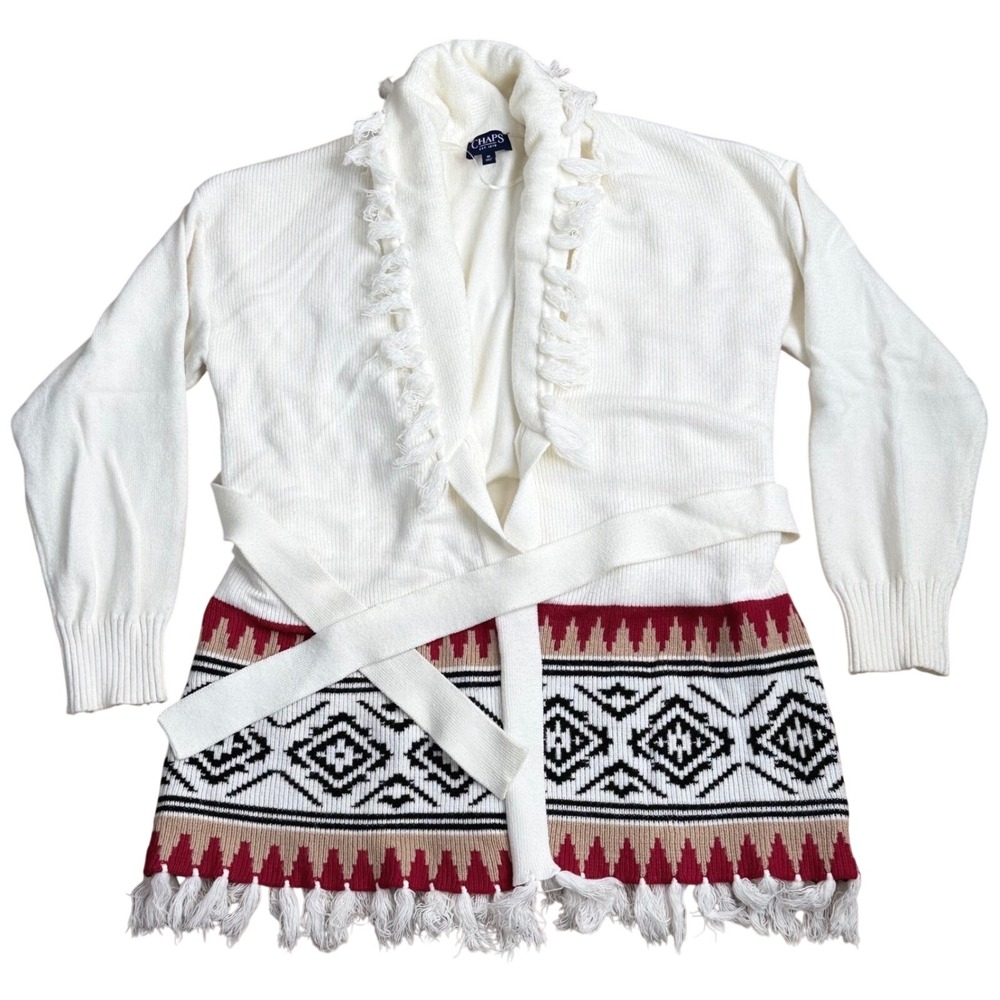 Chaps Aztec Fringe Belted Cardigan Women M Cream SouthWestern Boho